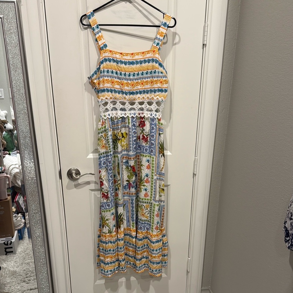 No brand tag on the dress, Size S, Colorful Striped Maxi Dress with Lace Detail